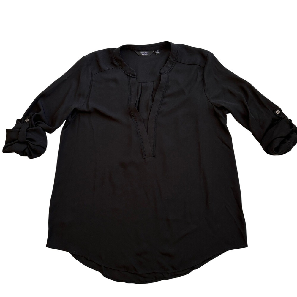 Simply Vera Vera Wang Blouse Women Size M Black Excellent Roll Tab V-Neck Split